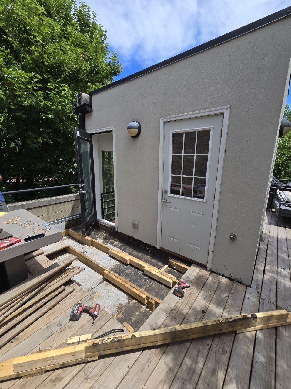 Deck framing and construction in progress