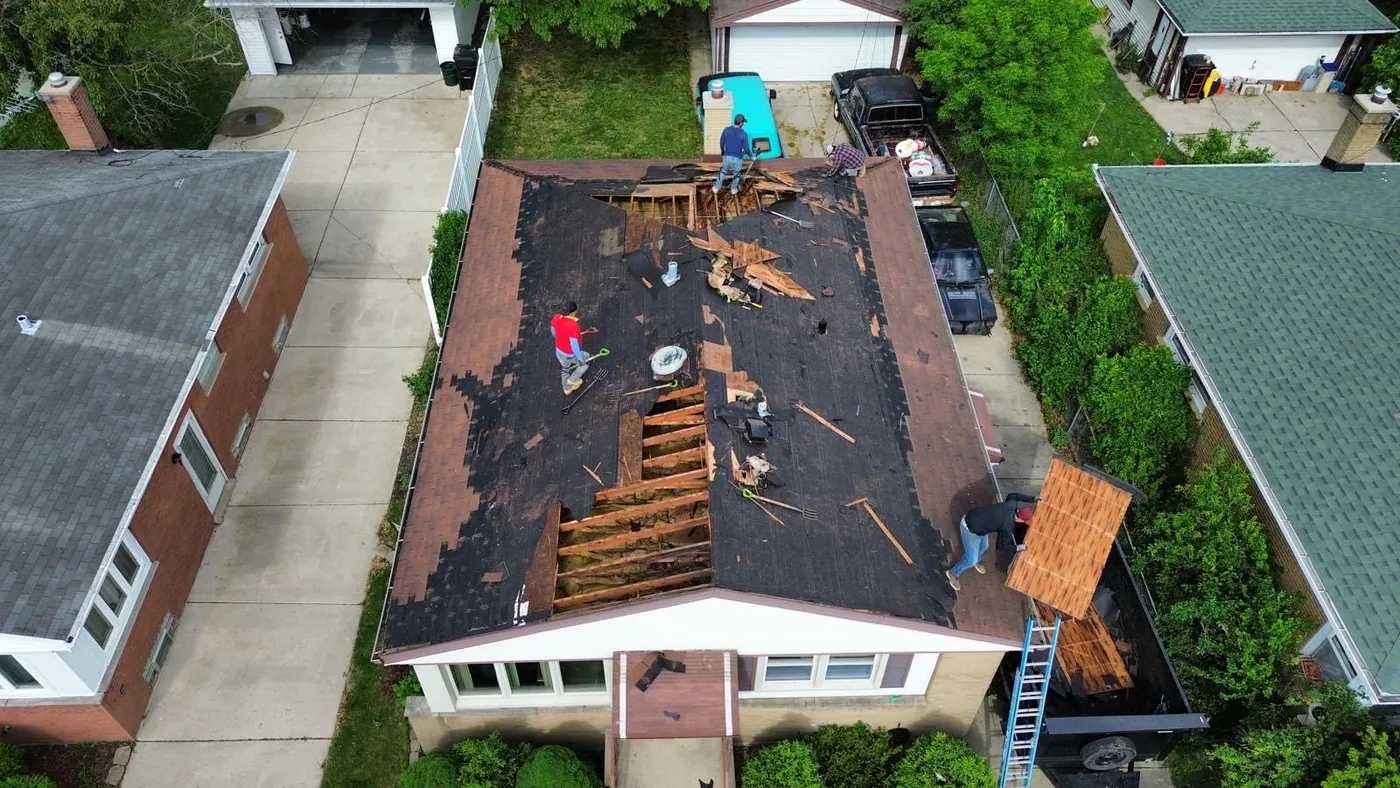 Aerial view of residential roof tear-off near Evanston